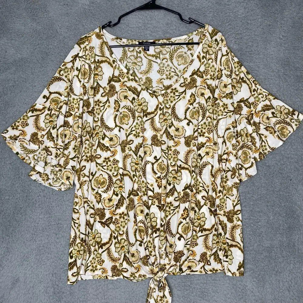 Cocomo womens flutter sleeve boho floral blouse tie front green stretch 3X